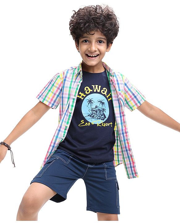 Pine Kids Cotton Woven Half Sleeves Checkered Shirt with Text Printed T-Shirt - White