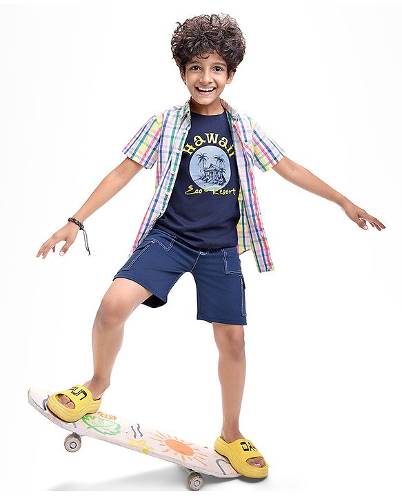 Pine Kids Cotton Woven Half Sleeves Checkered Shirt with Text Printed T-Shirt - White