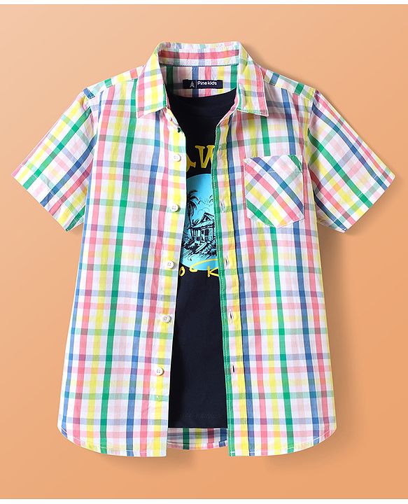 Pine Kids Cotton Woven Half Sleeves Checkered Shirt with Text Printed T-Shirt - White