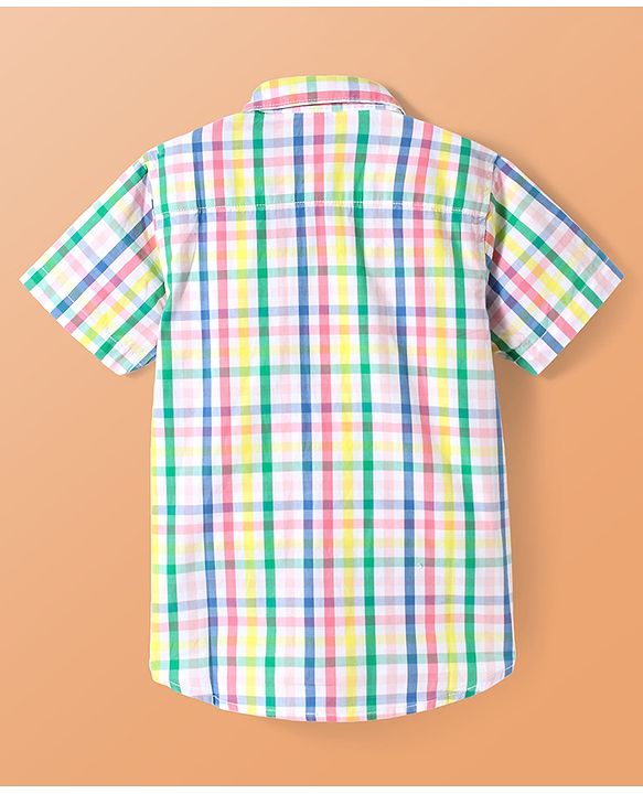 Pine Kids Cotton Woven Half Sleeves Checkered Shirt with Text Printed T-Shirt - White
