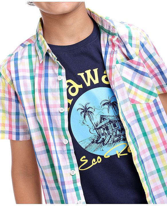 Pine Kids Cotton Woven Half Sleeves Checkered Shirt with Text Printed T-Shirt - White