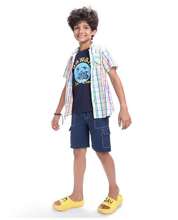 Pine Kids Cotton Woven Half Sleeves Checkered Shirt with Text Printed T-Shirt - White