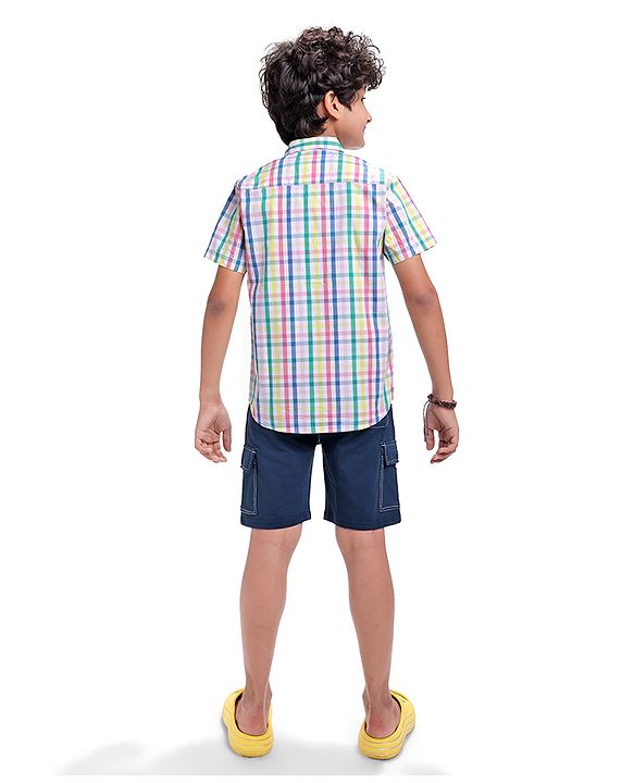 Pine Kids Cotton Woven Half Sleeves Checkered Shirt with Text Printed T-Shirt - White