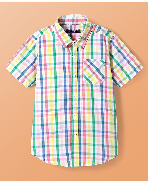Pine Kids Cotton Woven Half Sleeves Checkered Shirt with Text Printed T-Shirt - White