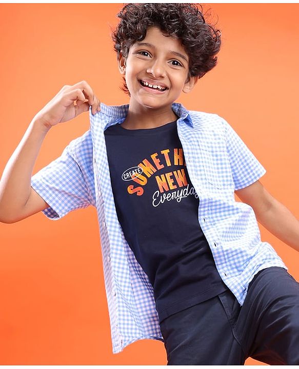 Pine Kids Cotton Woven Half Sleeves Checkered Shirt with Text Printed T-Shirt - Blue