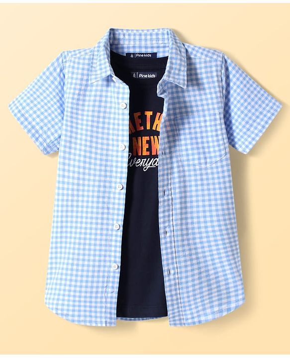 Pine Kids Cotton Woven Half Sleeves Checkered Shirt with Text Printed T-Shirt - Blue