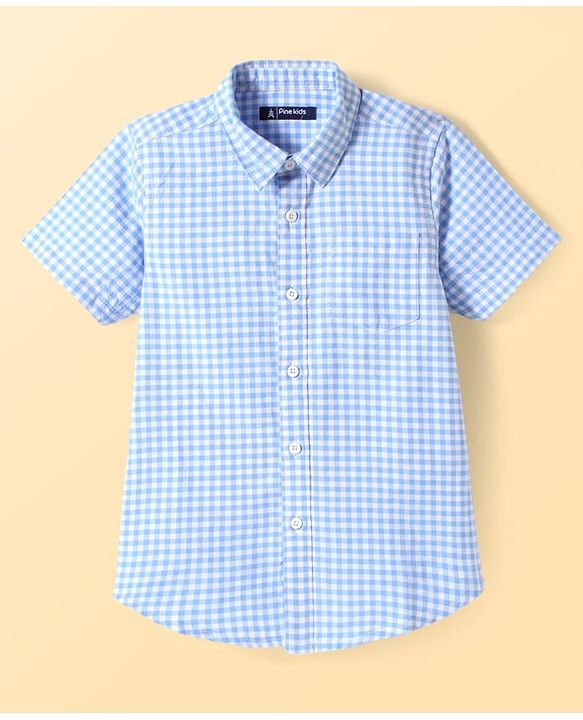 Pine Kids Cotton Woven Half Sleeves Checkered Shirt with Text Printed T-Shirt - Blue