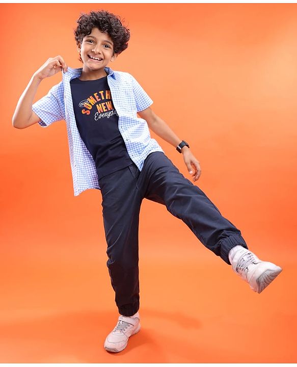 Pine Kids Cotton Woven Half Sleeves Checkered Shirt with Text Printed T-Shirt - Blue