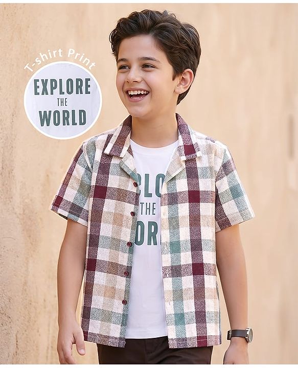 Pine Kids Cotton Woven Half Sleeves Checkered Shirt with Text Printed T-Shirt - White & Green