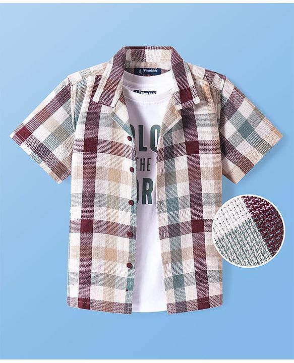 Pine Kids Cotton Woven Half Sleeves Checkered Shirt with Text Printed T-Shirt - White & Green