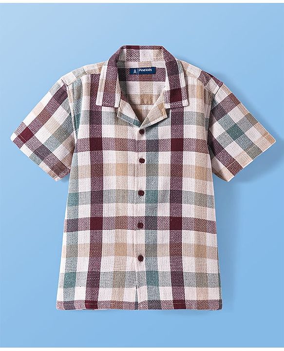 Pine Kids Cotton Woven Half Sleeves Checkered Shirt with Text Printed T-Shirt - White & Green