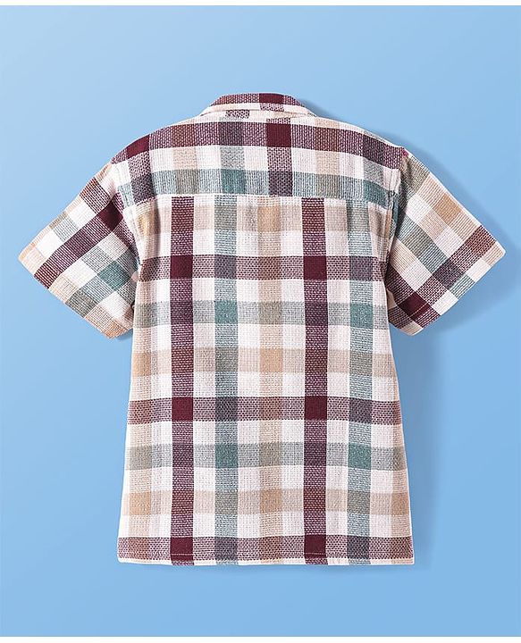 Pine Kids Cotton Woven Half Sleeves Checkered Shirt with Text Printed T-Shirt - White & Green