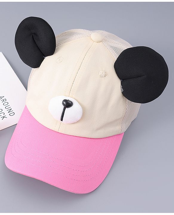 Babyhug Free Size Baseball Cap With Teddy Bear & Ear Applique - Pink