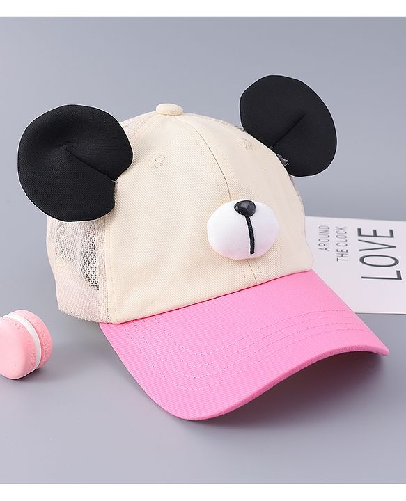 Babyhug Free Size Baseball Cap With Teddy Bear & Ear Applique - Pink
