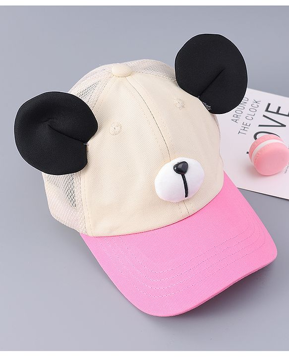 Babyhug Free Size Baseball Cap With Teddy Bear & Ear Applique - Pink