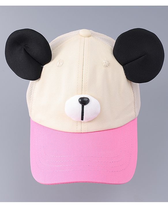 Babyhug Free Size Baseball Cap With Teddy Bear & Ear Applique - Pink