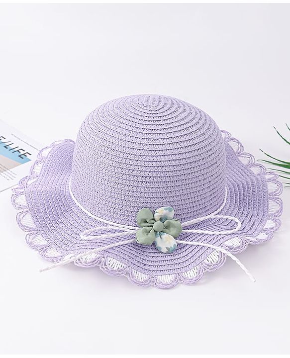 Babyhug Free Size Straw Hat With Floral Applique - Purple