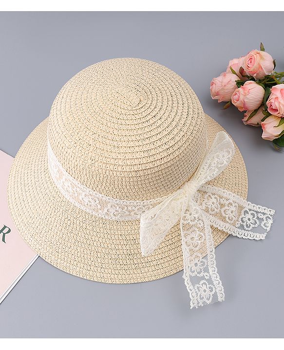 Babyhug Free Size Straw Hat With Bow Applique - Beige