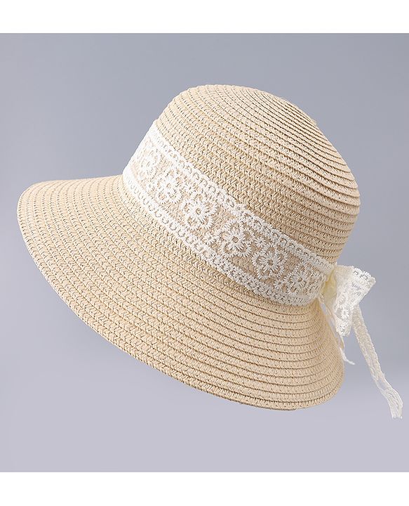 Babyhug Free Size Straw Hat With Bow Applique - Beige