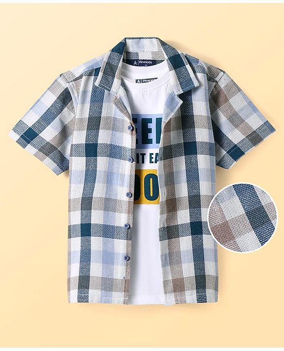 Pine Kids Cotton Knit Half Sleeves Check Shirt with T-Shirt Text Print - Grey & White