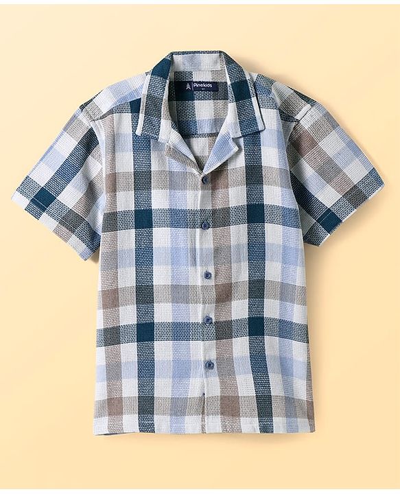 Pine Kids Cotton Knit Half Sleeves Check Shirt with T-Shirt Text Print - Grey & White