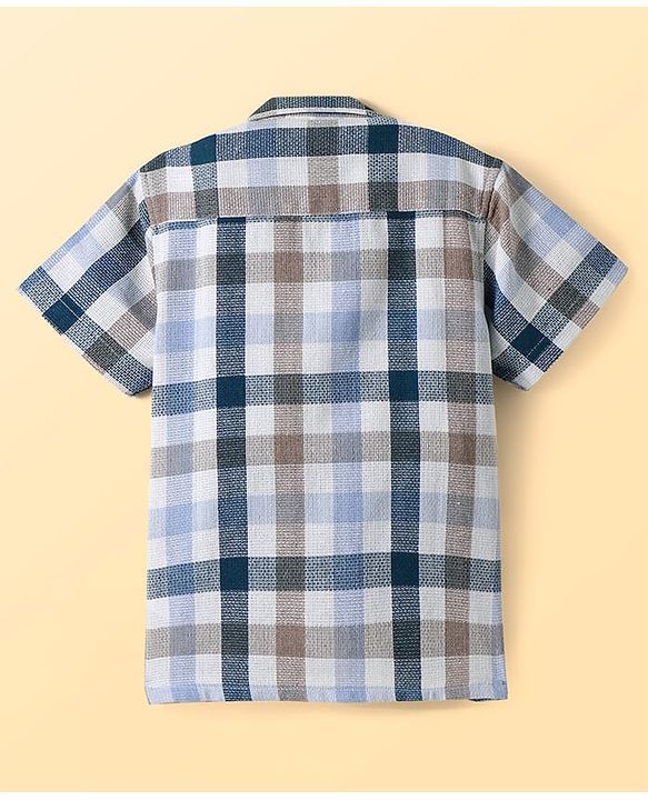 Pine Kids Cotton Knit Half Sleeves Check Shirt with T-Shirt Text Print - Grey & White