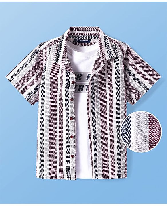Pine Kids Cotton Woven Half Sleeves Striped Shirt with Text Printed T-Shirt - White & Pink