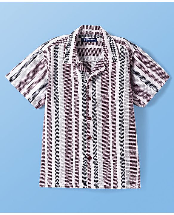 Pine Kids Cotton Woven Half Sleeves Striped Shirt with Text Printed T-Shirt - White & Pink