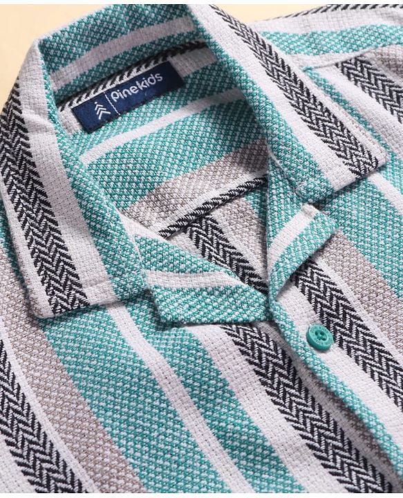 Pine Kids Cotton Woven Half Sleeves Striped Shirt with T-Shirt - Mint Green & White