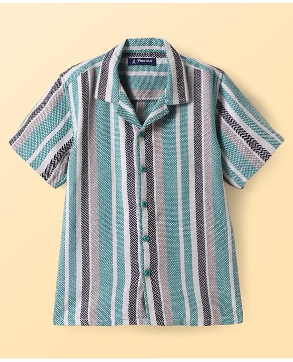 Pine Kids Cotton Woven Half Sleeves Striped Shirt with T-Shirt - Mint Green & White