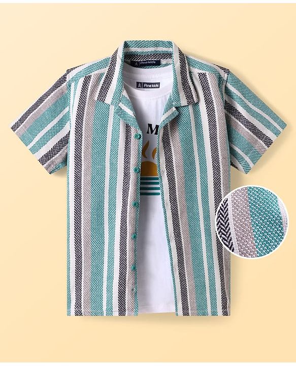 Pine Kids Cotton Woven Half Sleeves Striped Shirt with T-Shirt - Mint Green & White