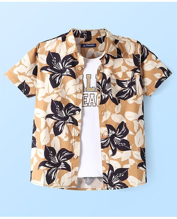 Pine Kids Cotton Woven Half Sleeves Floral Printed Shirt with Text Printed T-Shirt - Tan
