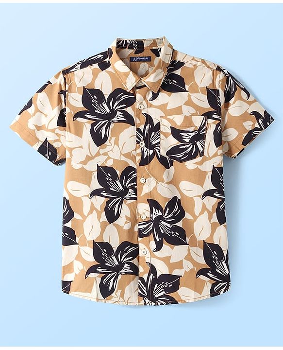 Pine Kids Cotton Woven Half Sleeves Floral Printed Shirt with Text Printed T-Shirt - Tan