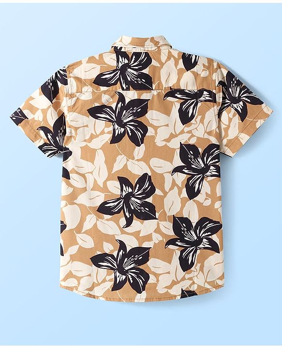 Pine Kids Cotton Woven Half Sleeves Floral Printed Shirt with Text Printed T-Shirt - Tan