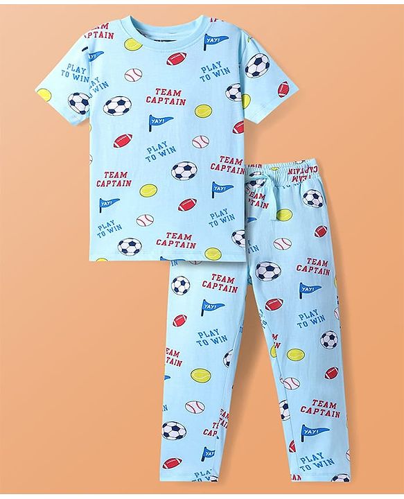 Pine Kids Single Jersey Knit Half Sleeves Night Suit With Sports Theme Print - Light Blue