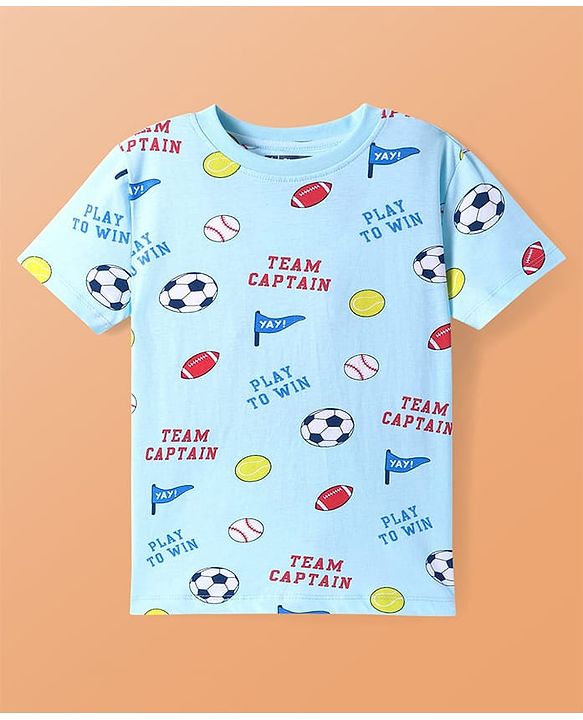 Pine Kids Single Jersey Knit Half Sleeves Night Suit With Sports Theme Print - Light Blue