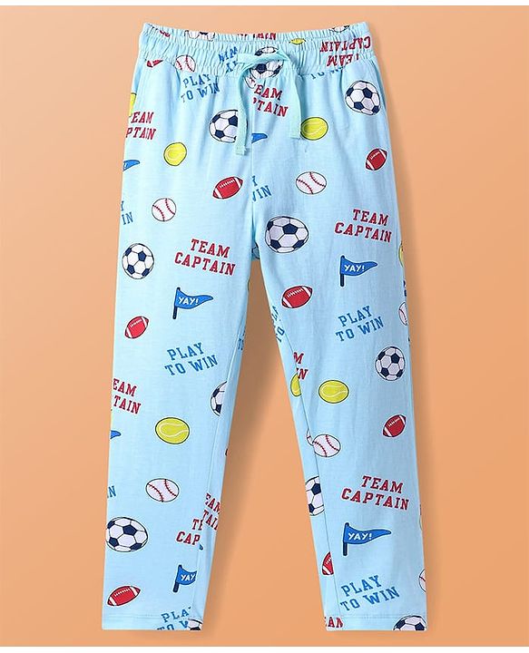 Pine Kids Single Jersey Knit Half Sleeves Night Suit With Sports Theme Print - Light Blue