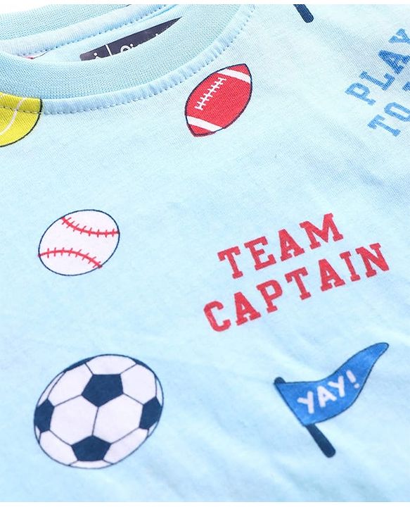 Pine Kids Single Jersey Knit Half Sleeves Night Suit With Sports Theme Print - Light Blue