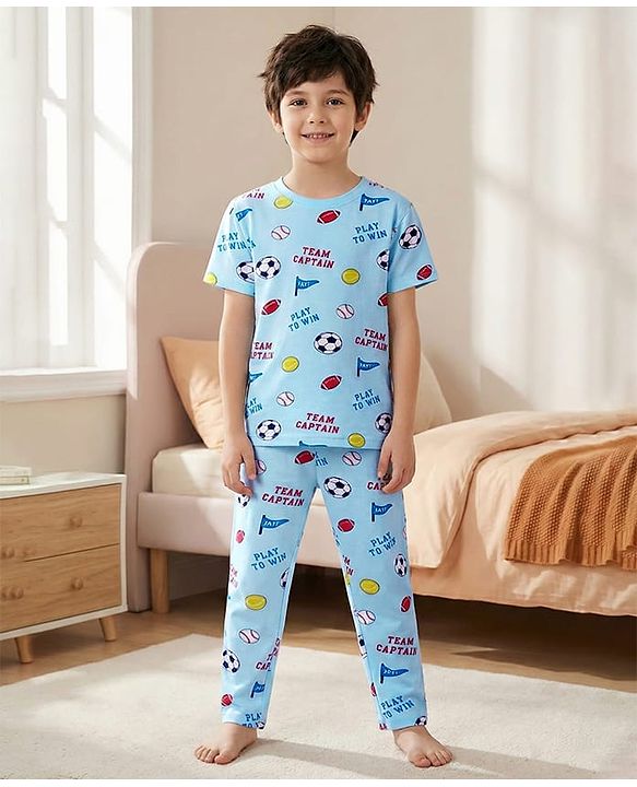 Pine Kids Single Jersey Knit Half Sleeves Night Suit With Sports Theme Print - Light Blue