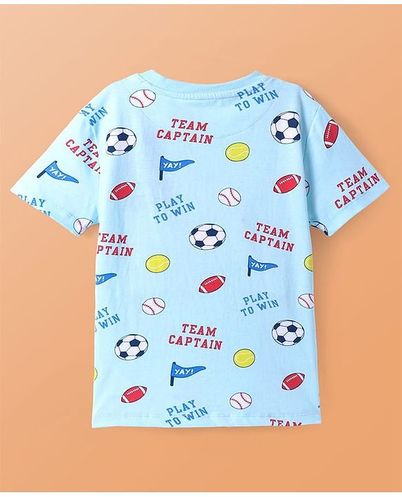 Pine Kids Single Jersey Knit Half Sleeves Night Suit With Sports Theme Print - Light Blue