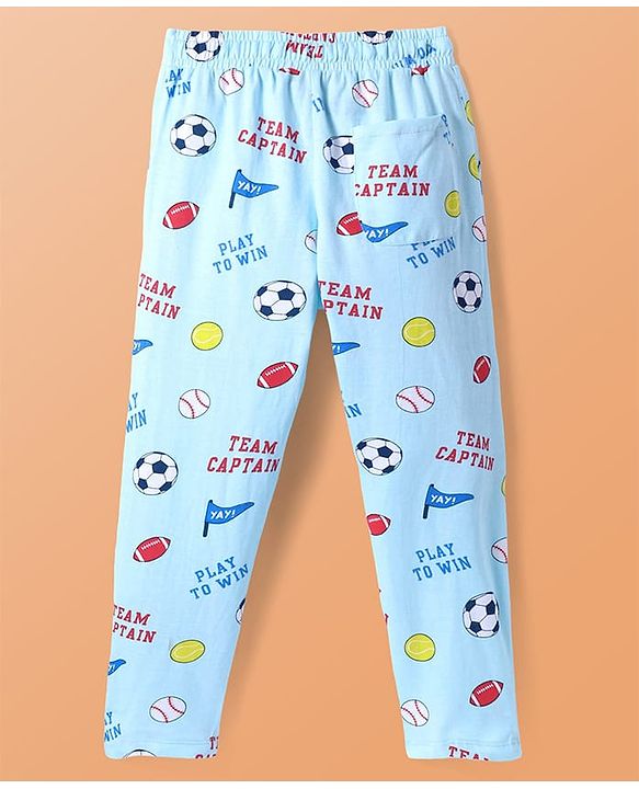 Pine Kids Single Jersey Knit Half Sleeves Night Suit With Sports Theme Print - Light Blue