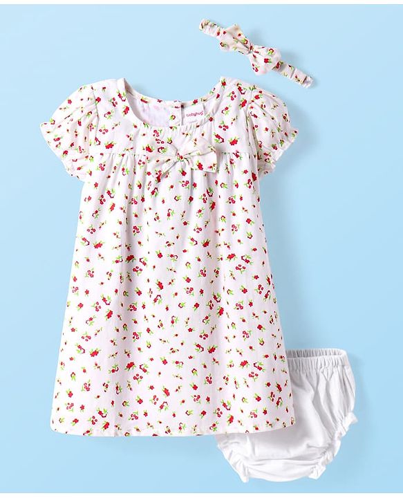 Babyhug Cotton Woven Half Puffed Sleeves Floral Printed Frock with Bloomer Headband & Bow Applique - White