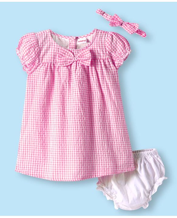 Babyhug Woven Puffed Sleeves Check Frock with Bloomer and Hair Band - Pink