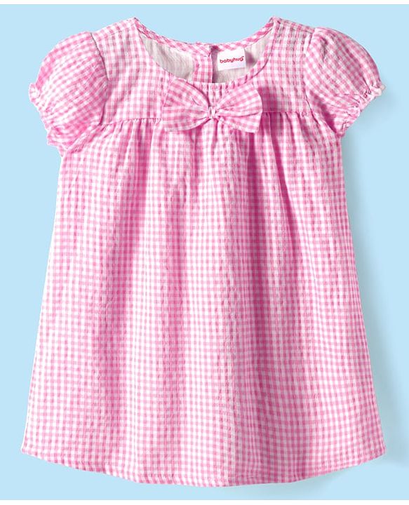 Babyhug Woven Puffed Sleeves Check Frock with Bloomer and Hair Band - Pink