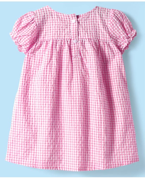 Babyhug Woven Puffed Sleeves Check Frock with Bloomer and Hair Band - Pink