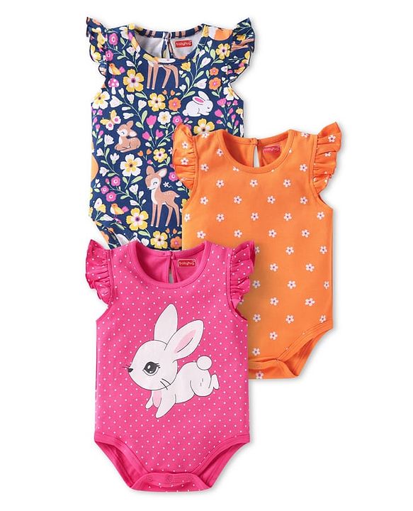 Babyhug 100% Cotton Knit Frill Sleeves Floral & Animal Printed Onesies Pack of 3 - Dark Pink Navy & Orange