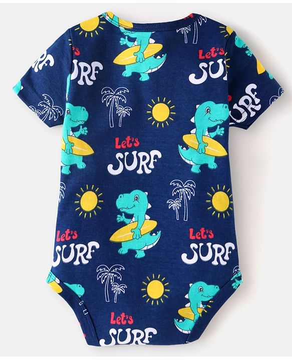 Babyhug 100% Cotton Knit Half Sleeves Dino Printed Onesies  Pack of 3 - Red Yellow & Navy