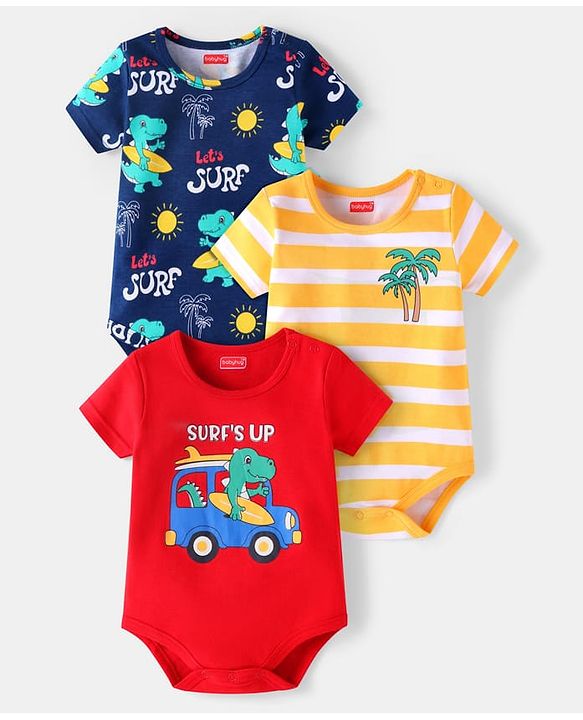 Babyhug 100% Cotton Knit Half Sleeves Dino Printed Onesies  Pack of 3 - Red Yellow & Navy