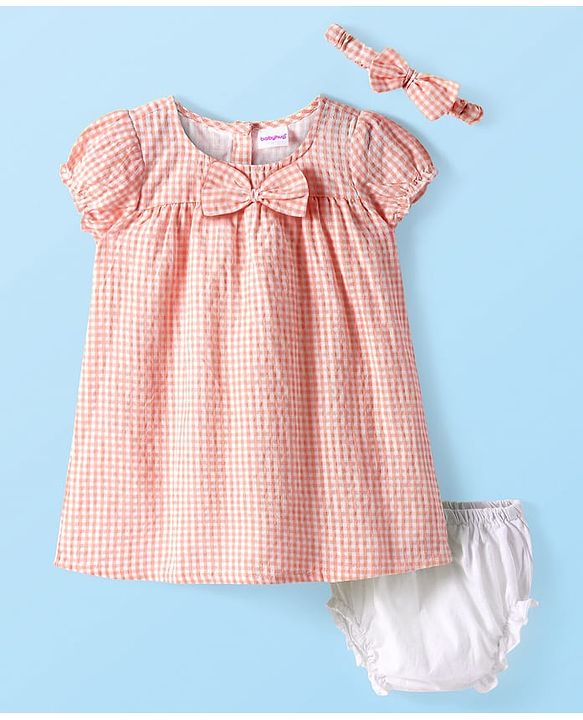 Babyhug Woven Half Puffed Sleeves Checkered Frock with Bloomer Headband & Bow Applique - Peach