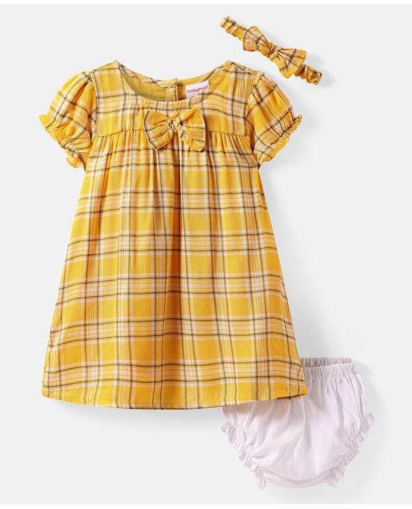Babyhug Viscose Woven Half Puffed Sleeves Checkered Frock with Bloomer Headband & Bow Applique - Yellow
